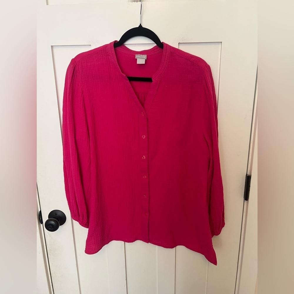 Chico’s Hot Pink 100% Cotton Gauze Top Size 2 US 12/14 Button Down V-Neck Blouse